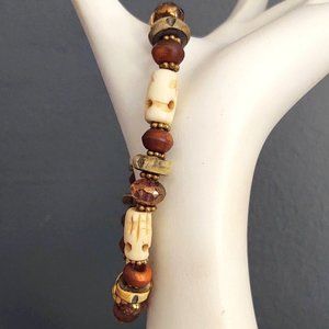 Wood, bead and carved stone bracelet